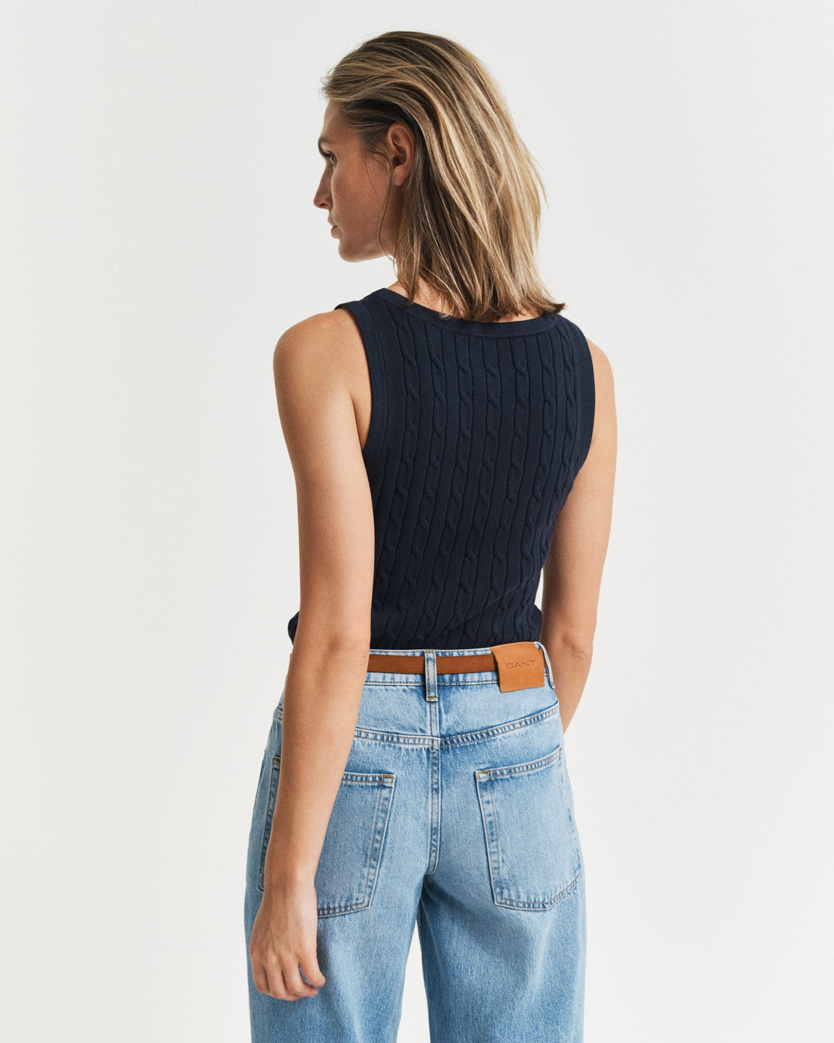 EVENING BLUE, STRETCH COTTON CABLE TANK TOP, BACK-VIEW BY GANT AU.