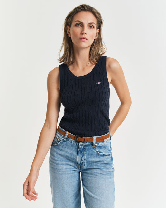 EVENING BLUE, STRETCH COTTON CABLE TANK TOP, FRONT-VIEW BY GANT AU.