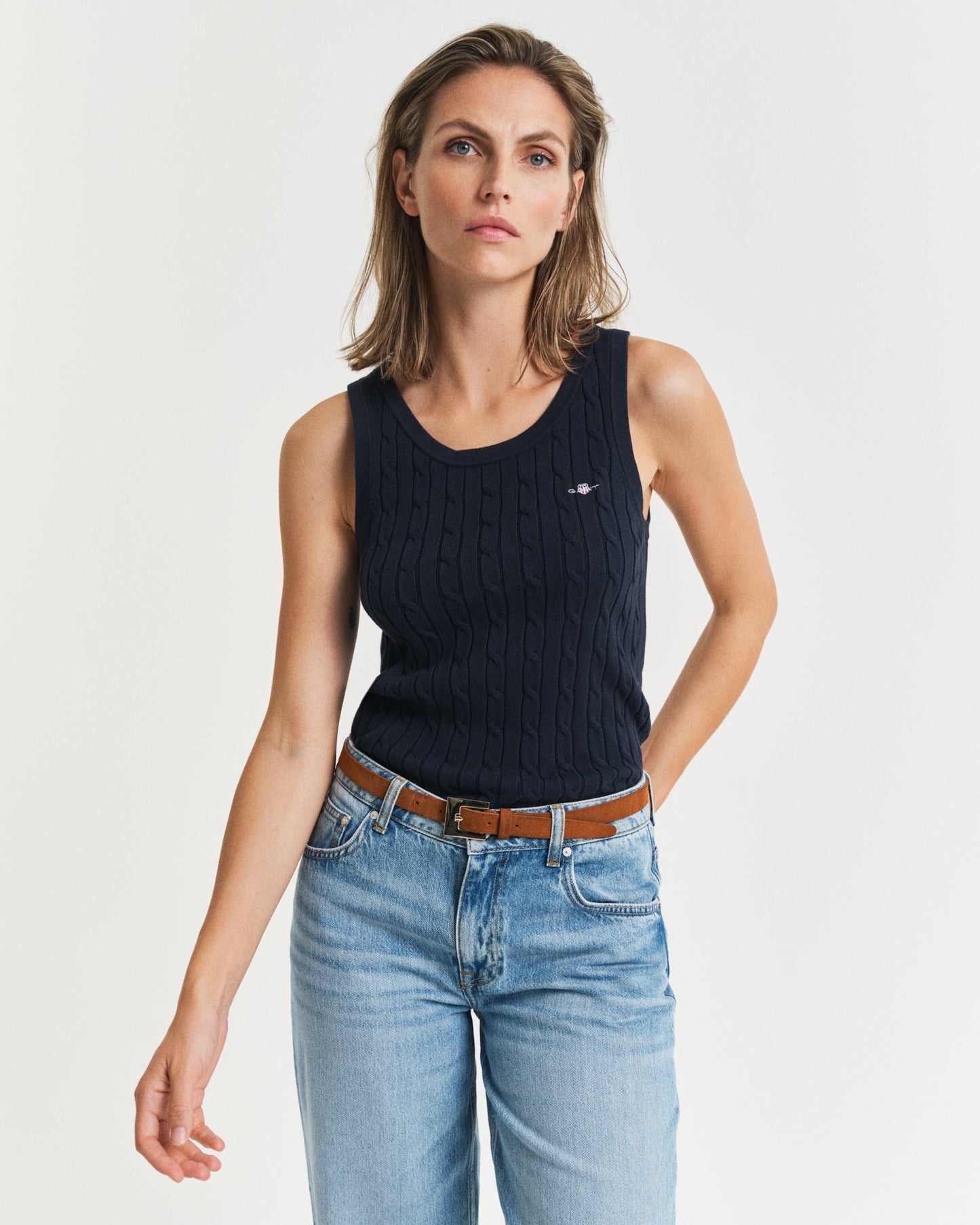 EVENING BLUE, STRETCH COTTON CABLE TANK TOP, FRONT-VIEW BY GANT AU.