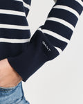 MODEL WEARING STRIPED COTTON CARDIGAN