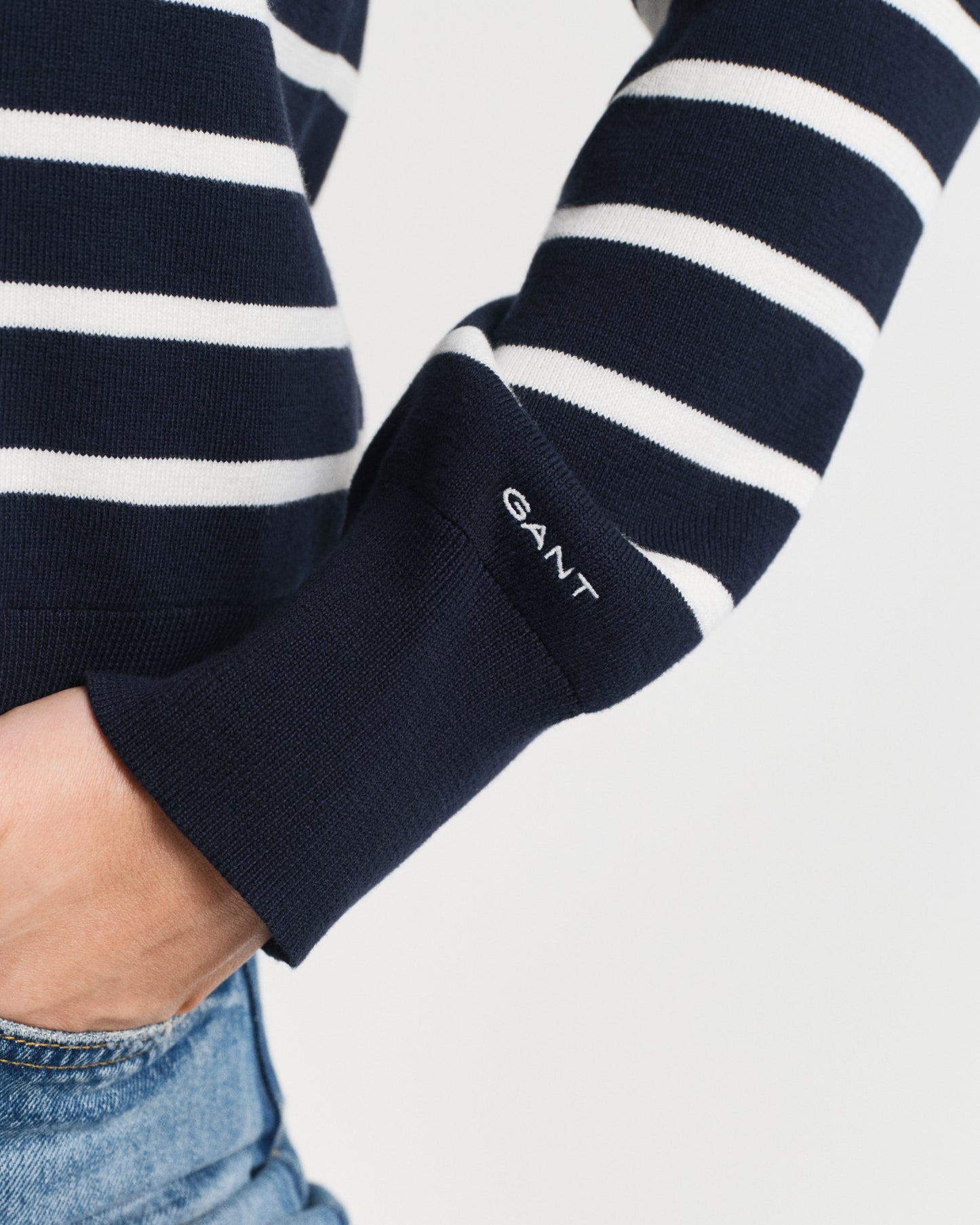 MODEL WEARING STRIPED COTTON CARDIGAN