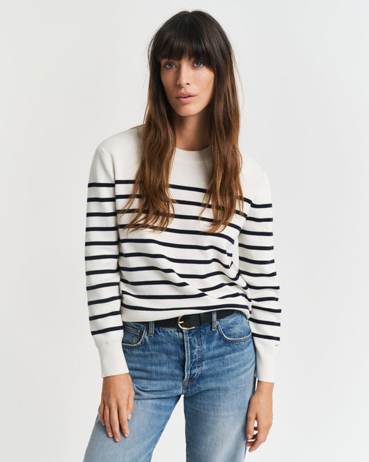 EGGSHELL, STRIPED COTTON C-NECK, FRONT-VIEW BY GANT AU.
