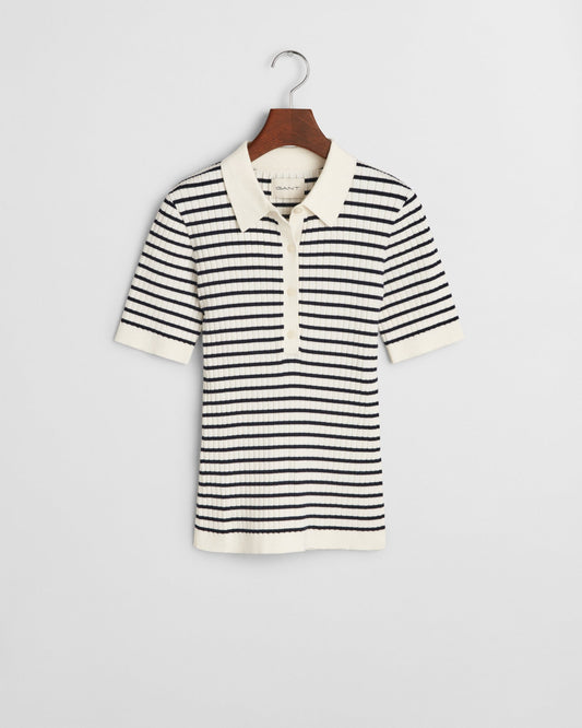 EVENING BLUE, RIB KNIT STRIPED SS RUGGER, FLAT-LAY BY GANT AU.