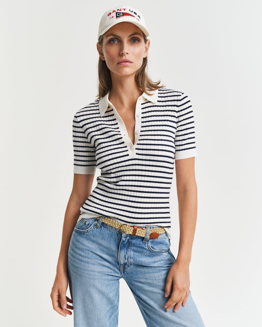 EVENING BLUE, RIB KNIT STRIPED SS RUGGER, FRONT-VIEW BY GANT AU.