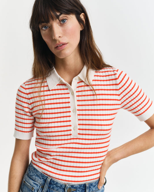 ORANGE RED, RIB KNIT STRIPED SS RUGGER, CLOSE-UP BY GANT AU.
