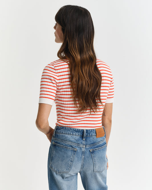 ORANGE RED, RIB KNIT STRIPED SS RUGGER, BACK-VIEW BY GANT AU.