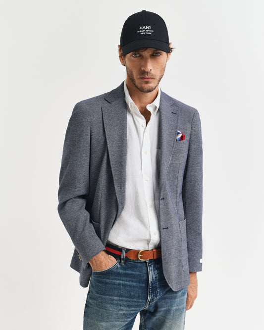 EVENING BLUE, SLIM TWO-TONE JERSEY BLAZER, FRONT-VIEW BY GANT AU.