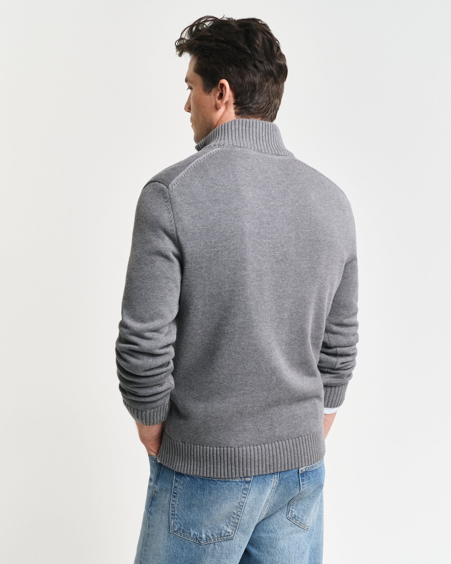 DARK GREY MELANGE, CASUAL COTTON HALF ZIP, BACK-VIEW BY GANT AU.