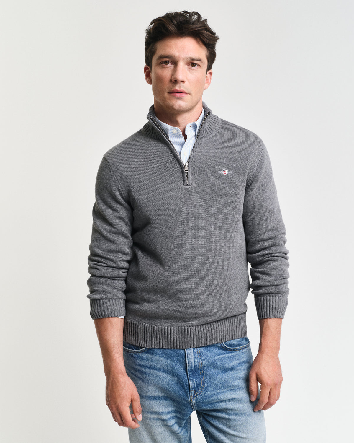 DARK GREY MELANGE, CASUAL COTTON HALF ZIP, FRONT-VIEW BY GANT AU.