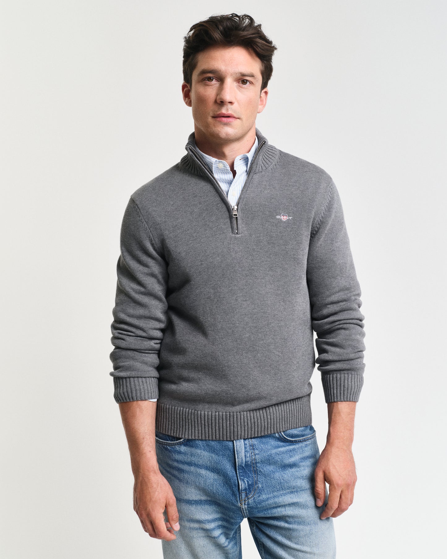 DARK GREY MELANGE, CASUAL COTTON HALF ZIP, FRONT-VIEW BY GANT AU.