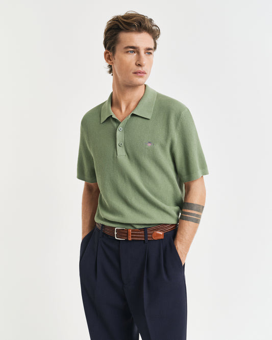 KALAMATA GREEN, MICRO TEXTURED COTTON SS POLO, FRONT-VIEW BY GANT AU.