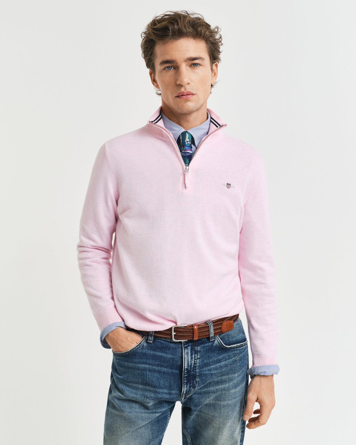 LIGHT PINK MELANGE, CLASSIC COTTON HALF ZIP BY GANT AU.