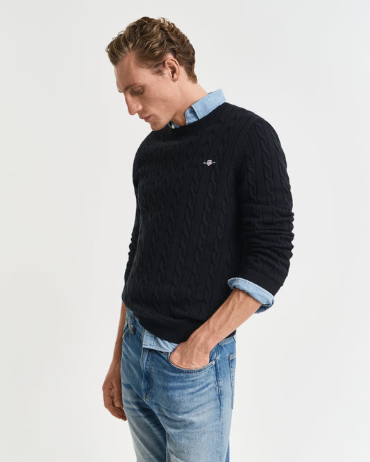 BLACK, COTTON CABLE C-NECK, FRONT-VIEW BY GANT AU.
