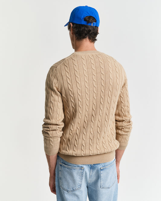 KHAKI MELANGE, COTTON CABLE C-NECK, BACK-VIEW BY GANT AU.