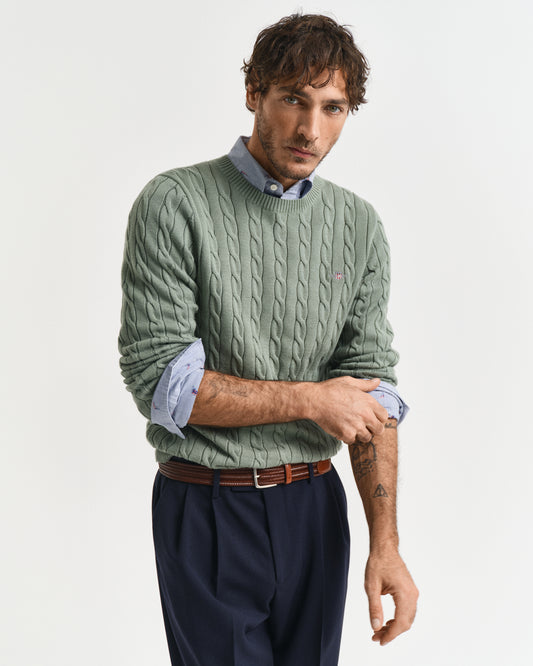KALAMATA GREEN, COTTON CABLE C-NECK, FRONT-VIEW BY GANT AU.
