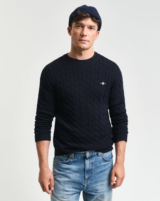 EVENING BLUE, COTTON CABLE C-NECK, FRONT-VIEW BY GANT AU.