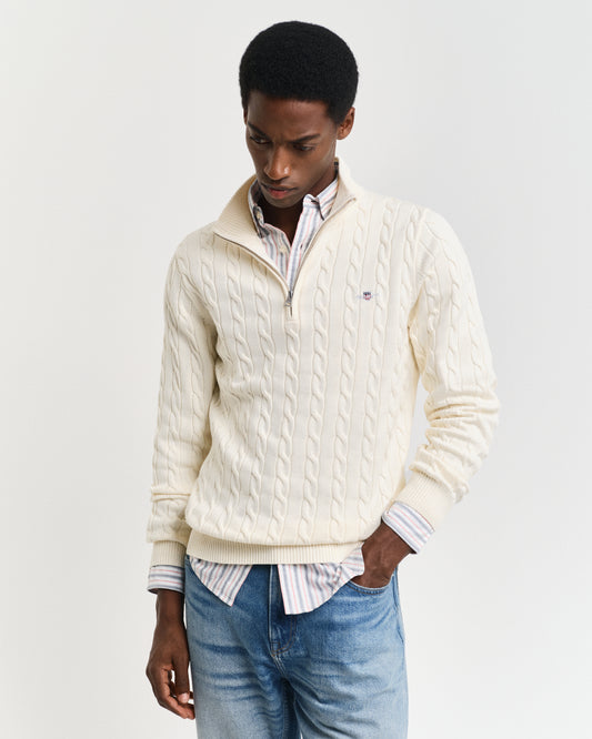 CREAM, COTTON CABLE HALF ZIP, FRONT-VIEW BY GANT AU.