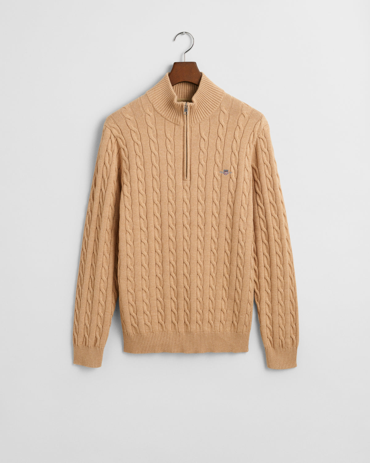 KHAKI MELANGE, COTTON CABLE HALF ZIP, FLAT-LAY BY GANT AU.