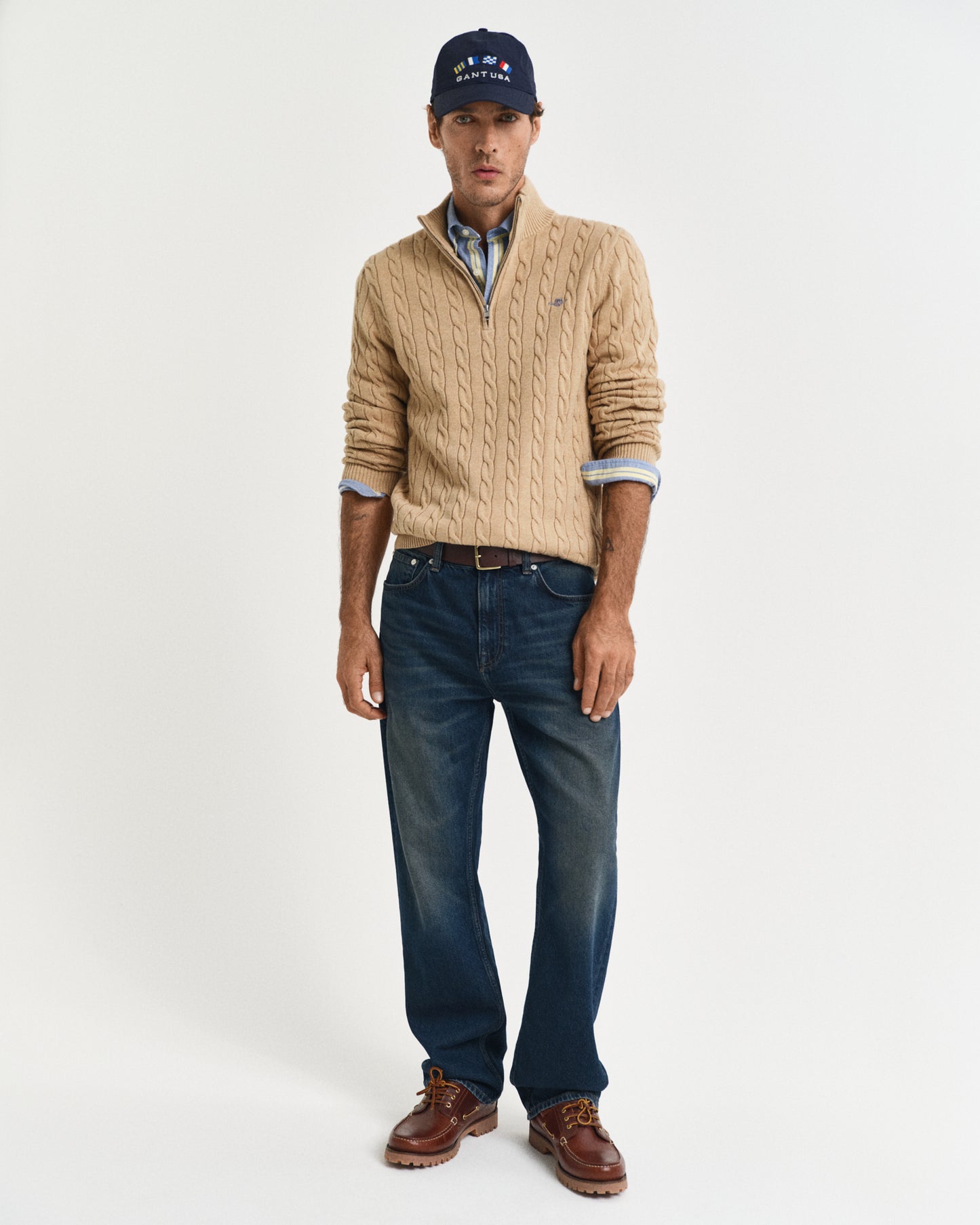 KHAKI MELANGE, COTTON CABLE HALF ZIP BY GANT AU.