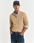 KHAKI MELANGE, COTTON CABLE HALF ZIP, FRONT-VIEW BY GANT AU.