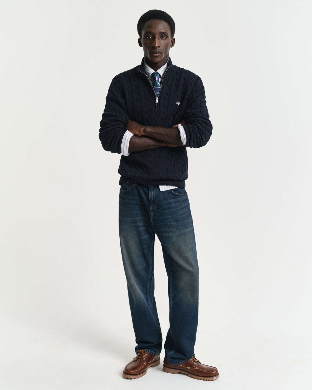 EVENING BLUE, COTTON CABLE HALF ZIP BY GANT AU.