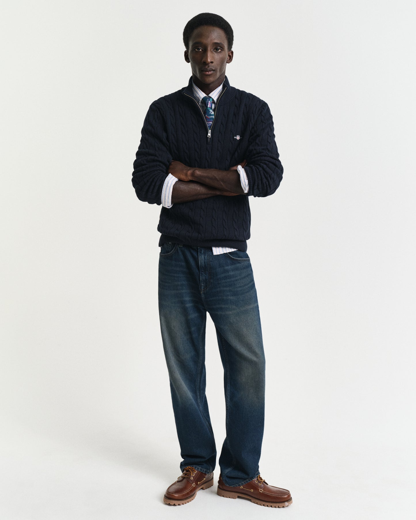 EVENING BLUE, COTTON CABLE HALF ZIP BY GANT AU.