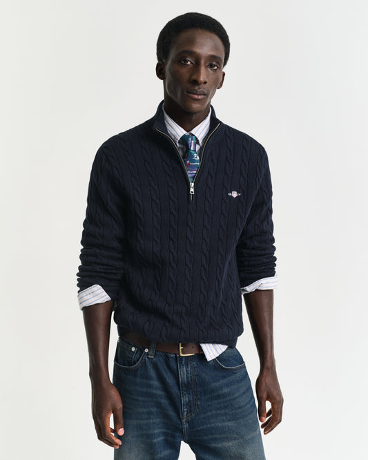 EVENING BLUE, COTTON CABLE HALF ZIP, FRONT-VIEW BY GANT AU.