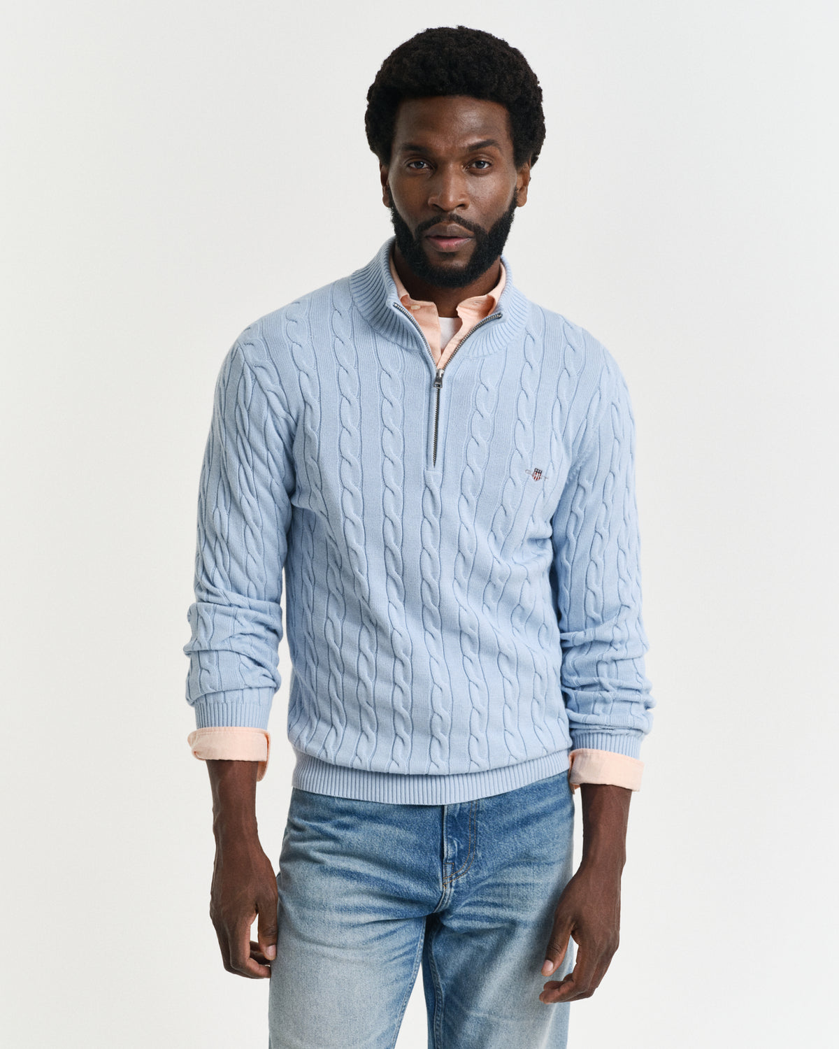 FRESH BLUE, COTTON CABLE HALF ZIP, FRONT-VIEW BY GANT AU.