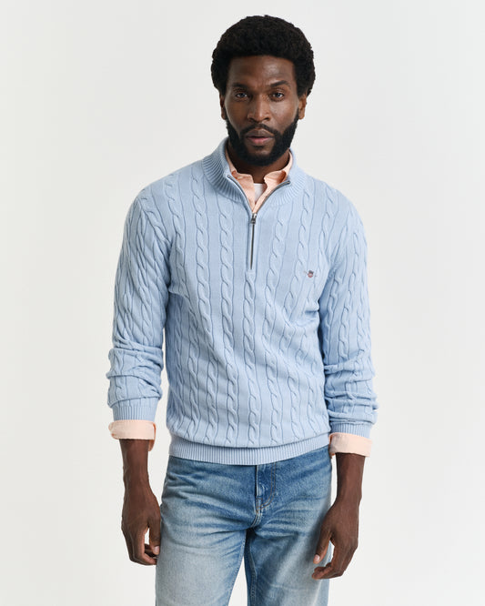 FRESH BLUE, COTTON CABLE HALF ZIP, FRONT-VIEW BY GANT AU.