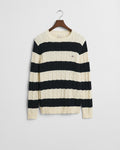 EVENING BLUE, STRIPED COTTON CABLE C-NECK, FLAT-LAY BY GANT AU.