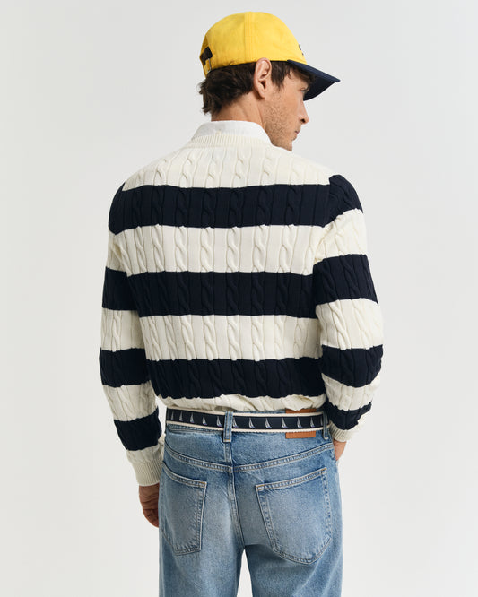 EVENING BLUE, STRIPED COTTON CABLE C-NECK, BACK-VIEW BY GANT AU.