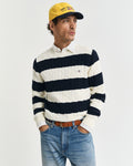 EVENING BLUE, STRIPED COTTON CABLE C-NECK, FRONT-VIEW BY GANT AU.