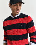 RUBY RED, STRIPED COTTON CABLE C-NECK, CLOSE-UP BY GANT AU.