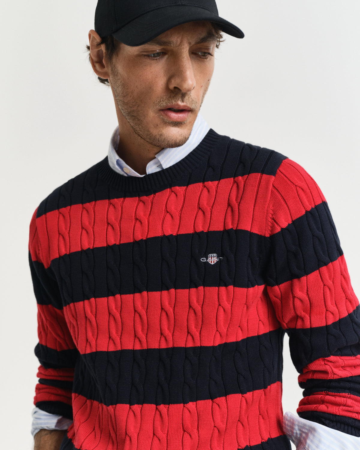 RUBY RED, STRIPED COTTON CABLE C-NECK, CLOSE-UP BY GANT AU.