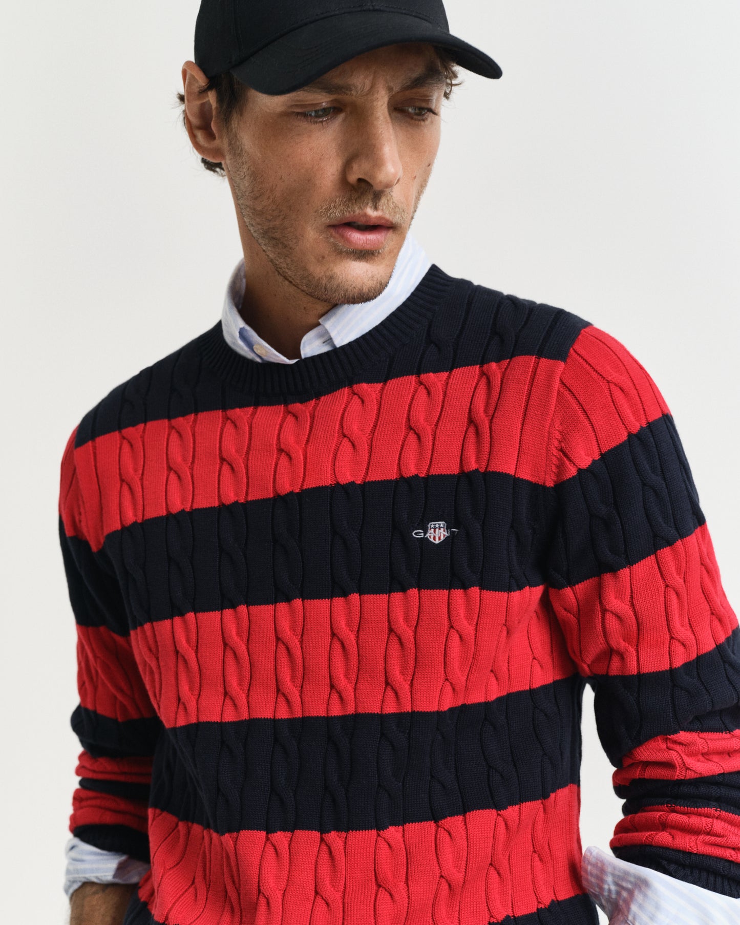 RUBY RED, STRIPED COTTON CABLE C-NECK, CLOSE-UP BY GANT AU.