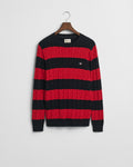 RUBY RED, STRIPED COTTON CABLE C-NECK, FLAT-LAY BY GANT AU.
