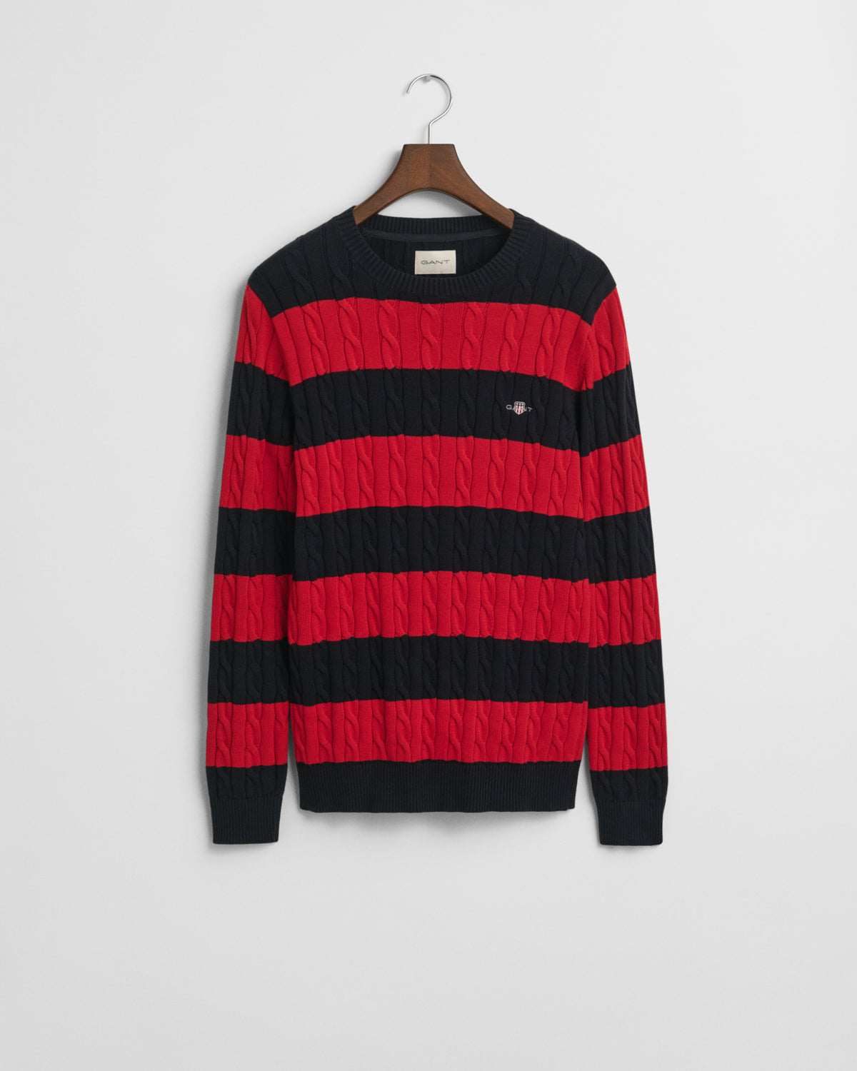 RUBY RED, STRIPED COTTON CABLE C-NECK, FLAT-LAY BY GANT AU.