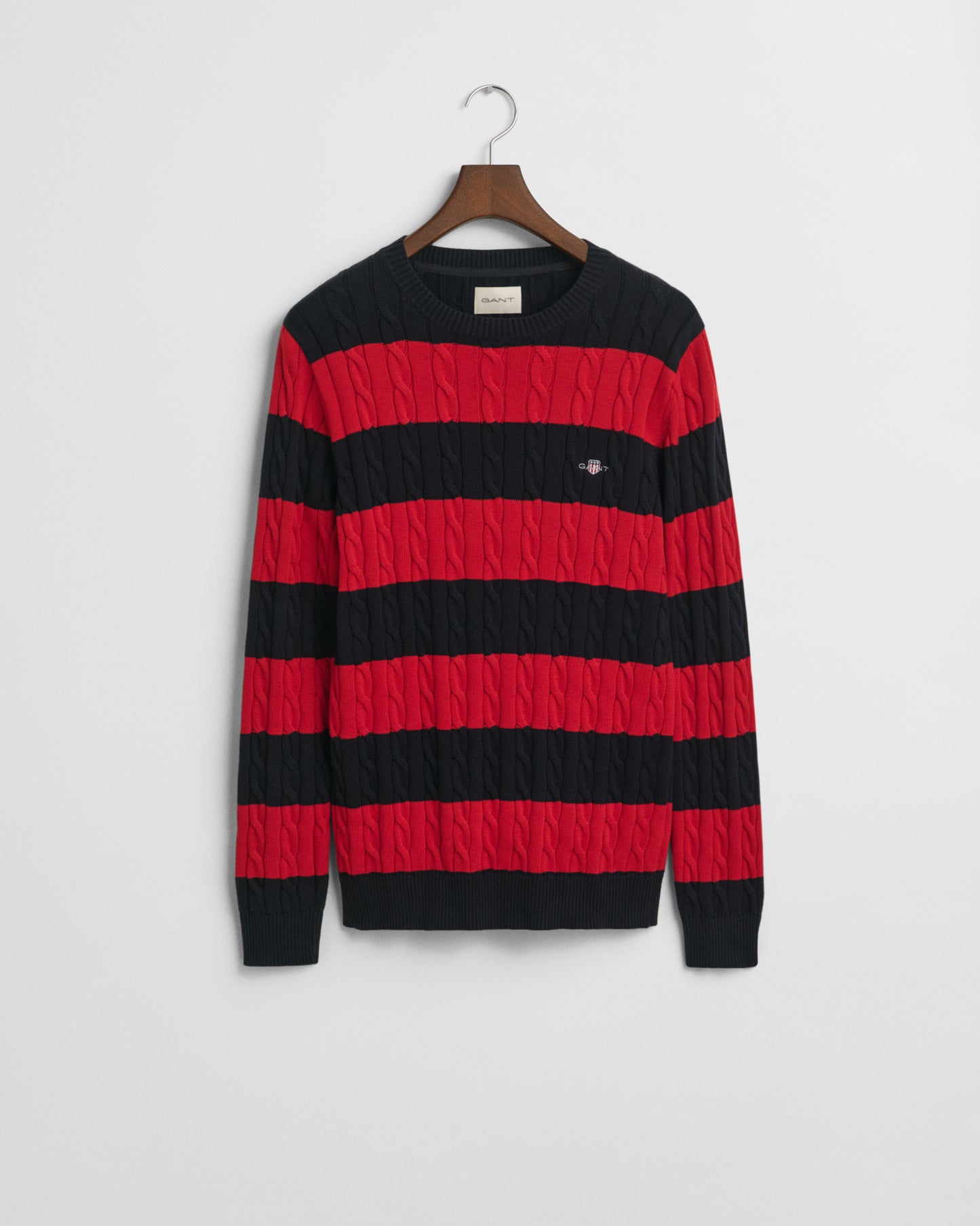 RUBY RED, STRIPED COTTON CABLE C-NECK, FLAT-LAY BY GANT AU.