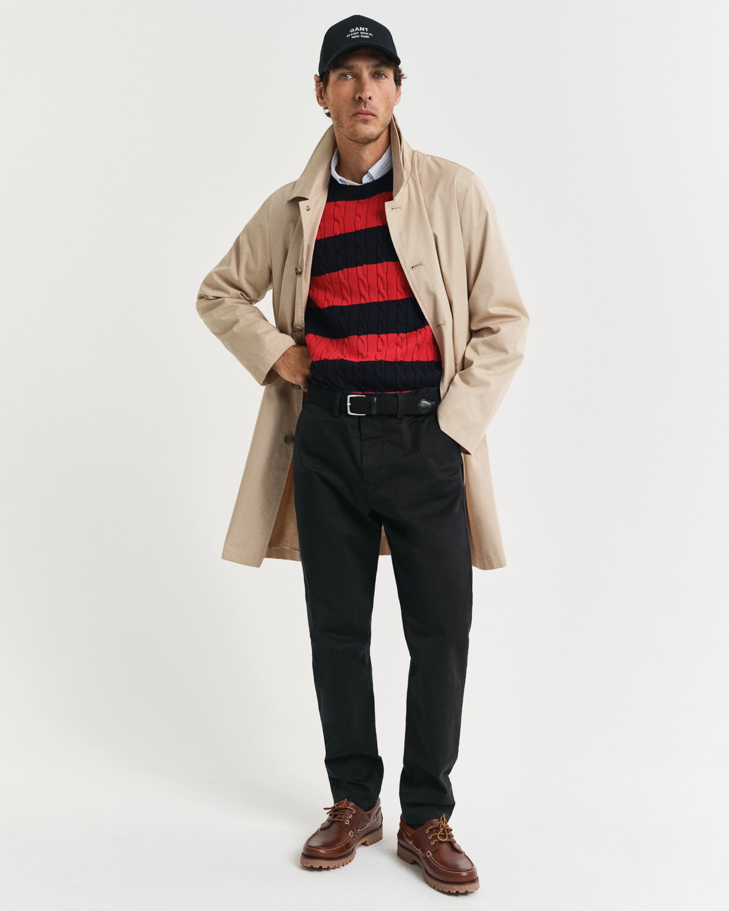 RUBY RED, STRIPED COTTON CABLE C-NECK BY GANT AU.