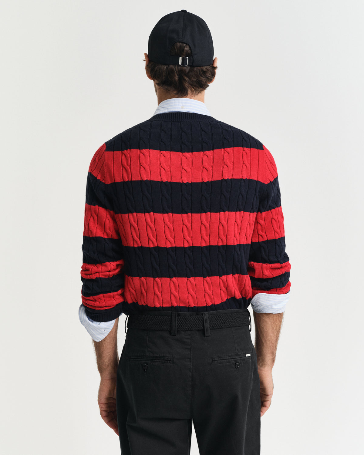 RUBY RED, STRIPED COTTON CABLE C-NECK, BACK-VIEW BY GANT AU.
