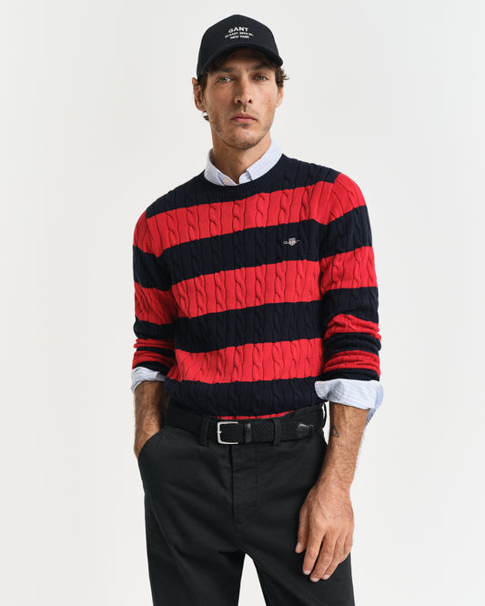 RUBY RED, STRIPED COTTON CABLE C-NECK, FRONT-VIEW BY GANT AU.