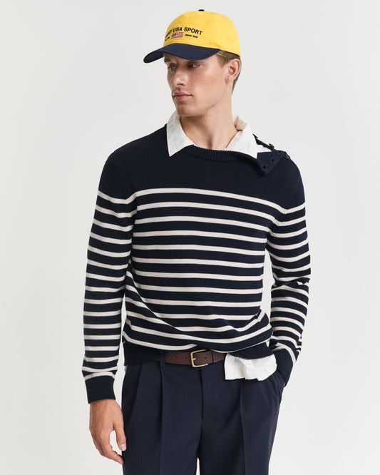 EVENING BLUE, STRIPED COTTON C-NECK, FRONT-VIEW BY GANT AU.