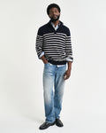 EVENING BLUE, STRIPED COTTON HALF BUTTONED NECK BY GANT AU.