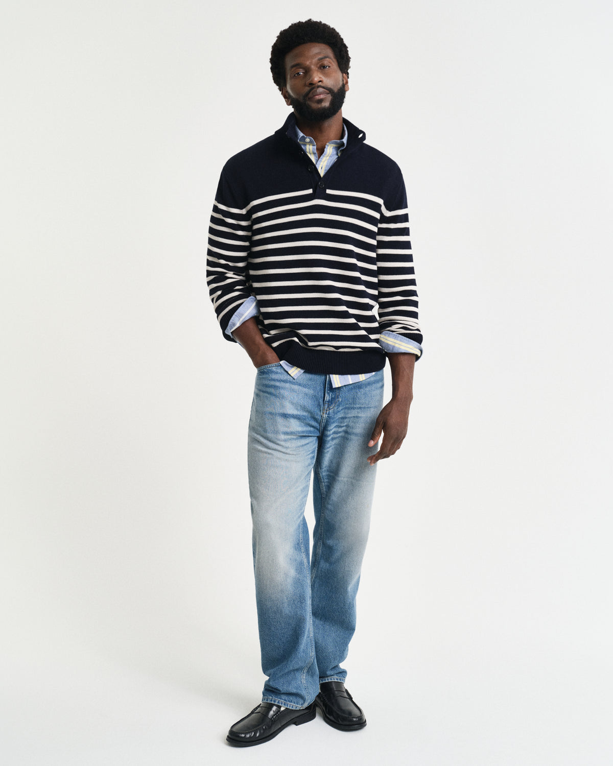 EVENING BLUE, STRIPED COTTON HALF BUTTONED NECK BY GANT AU.