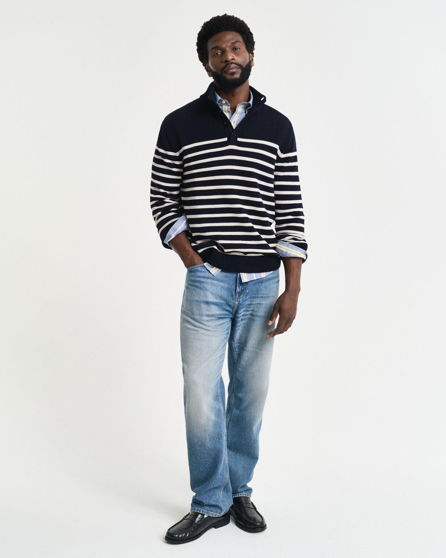 EVENING BLUE, STRIPED COTTON HALF BUTTONED NECK BY GANT AU.