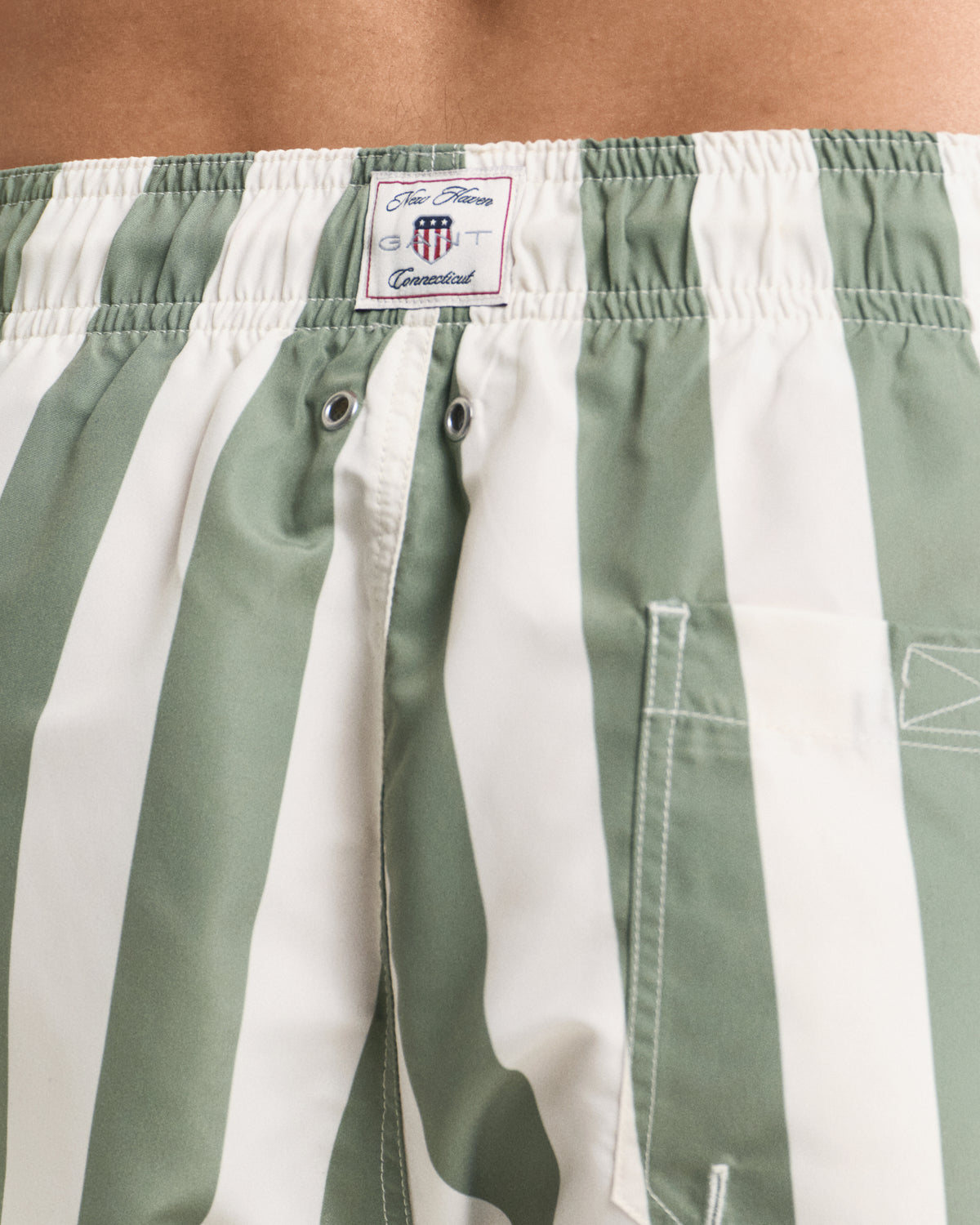 MODEL WEARING BLOCK STRIPE SWIM SHORTS