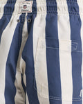 MODEL WEARING BLOCK STRIPE SWIM SHORTS