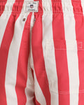MODEL WEARING BLOCK STRIPE SWIM SHORTS