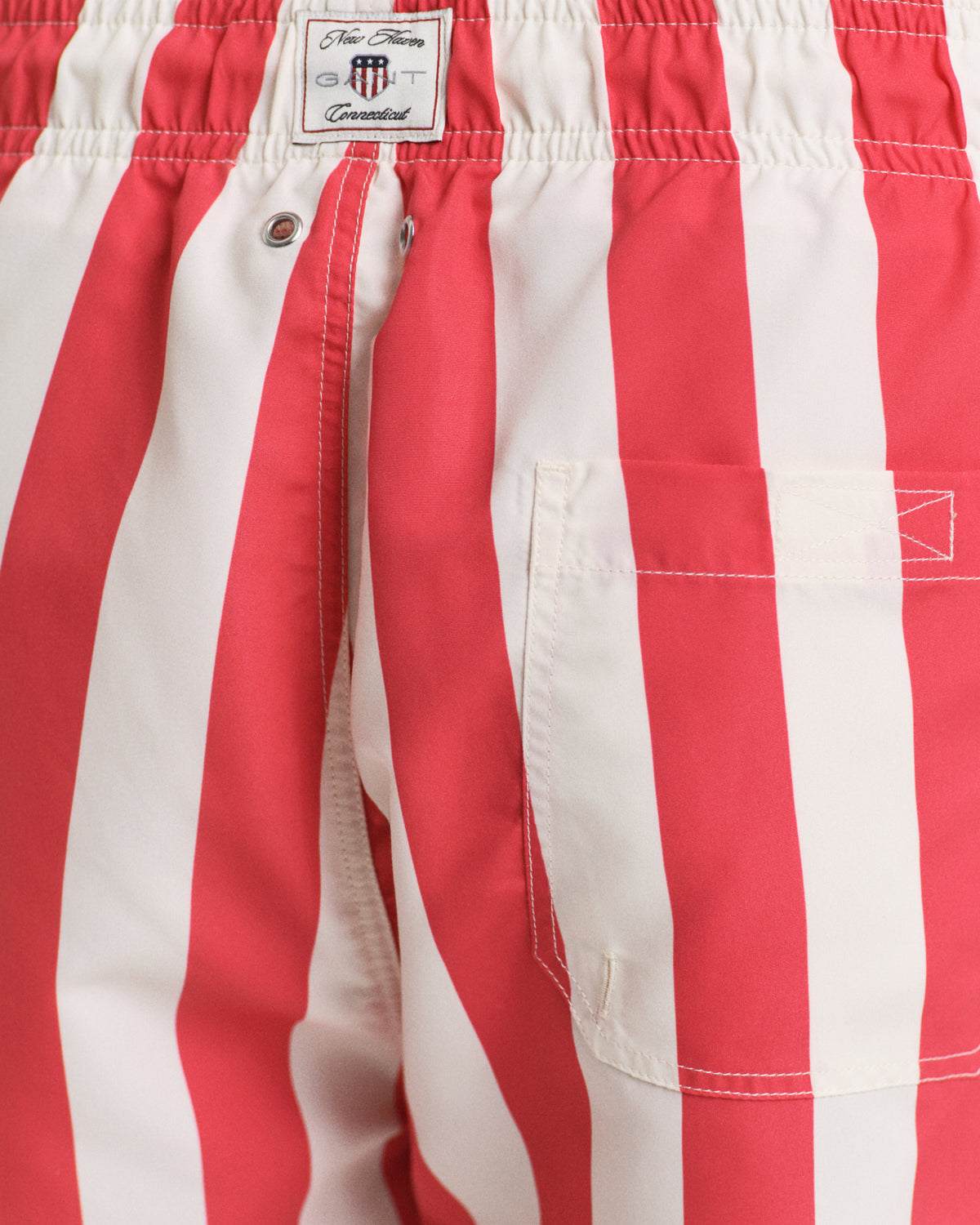 MODEL WEARING BLOCK STRIPE SWIM SHORTS