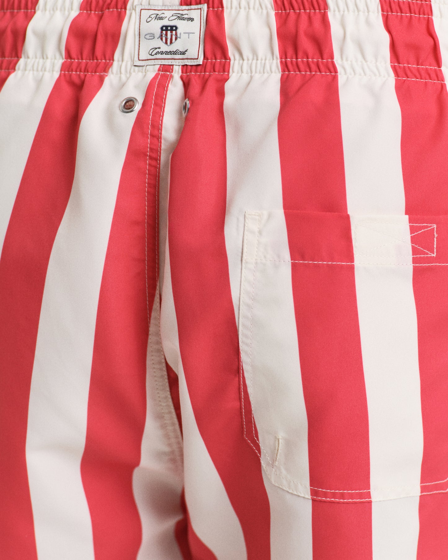MODEL WEARING BLOCK STRIPE SWIM SHORTS